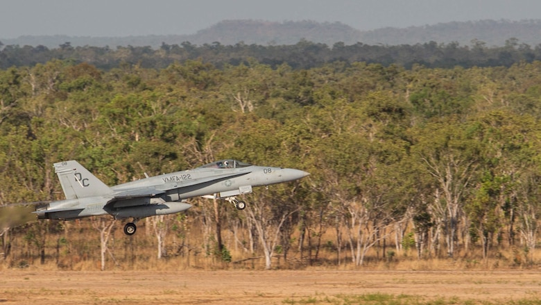 An F/A-18C Hornet with Marine Fighter Attack Squadron (VMFA) 122 takes off during Southern Frontier at Royal Australian Air Force Base Tindal, Australia, Aug. 31, 2016. VMFA-122 executed low-altitude tactics training, flying below 500 feet to evade simulated enemy radar detection or to escape enemy aircraft vectored toward friendly aircraft. By integrating low-altitude tactics into the three week unit level training, pilots gained their final qualifications during Southern Frontier, strengthening the squadrons overall combat readiness. 