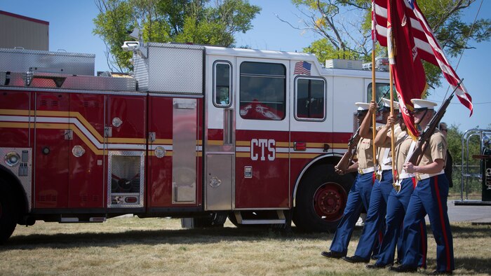 A color guard from Brooklyn’s 6th Communication Battalion retires the colors during a remembrance ceremony for two Reserve Marines from their unit at Floyd Bennett Field, Aug. 30, 2016. Sgt. Maj. Michael S. Curtin and Gunnery Sgt. Matthew D. Garvey, first responders with the city’s police fire departments, lost their lives at the World Trade Center on 9/11. To honor their memory, Marine Corps Reserve Center Brooklyn dedicated the Curtin Garvey Complex and a 9/11 monument made partially with steel from the World Trade Center. The remembrance ceremony is being held in conjunction with the U.S. Marine Corps Reserve Centennial, celebrating 100 years of service and selfless dedication to the nation. 