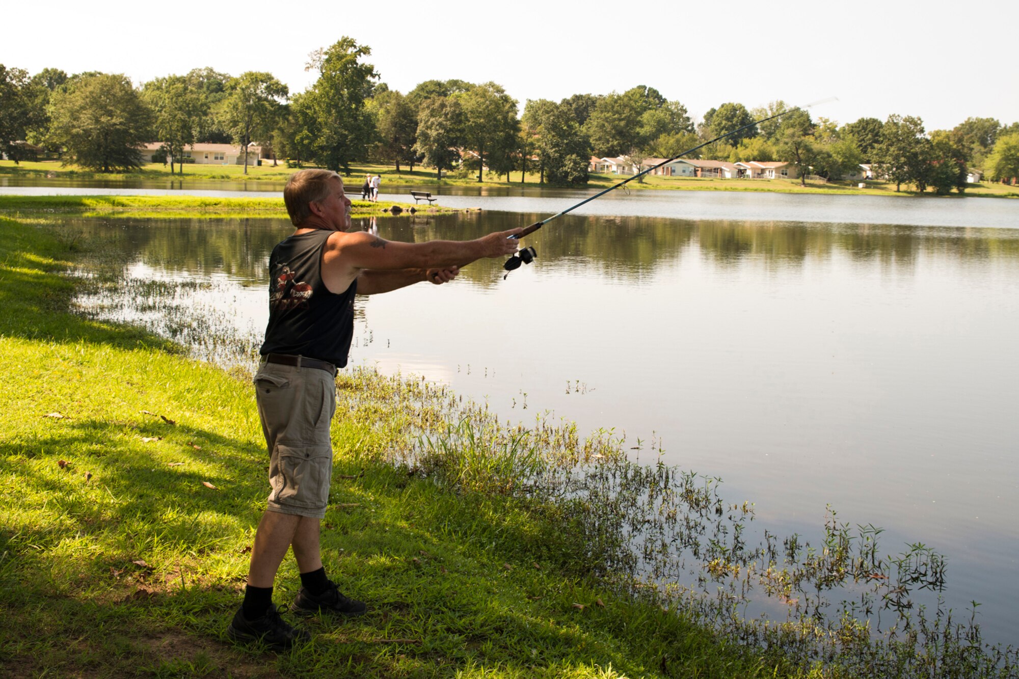 Retired U.S. Army Sgt. 1st Class Kevin Delong, casts his bait out into Kenneth “Pat” Wilson Lake at Little Rock Air Force Base, Ark., Aug. 30, 2016. Delong, who is from Update New York, drove to Arkansas for a visit with his daughter. He plans to take advantage of the many recreational activities available at Little Rock AFB, while he is here. (U.S. Air Force photo by Master Sgt. Jeff Walston/Released)  