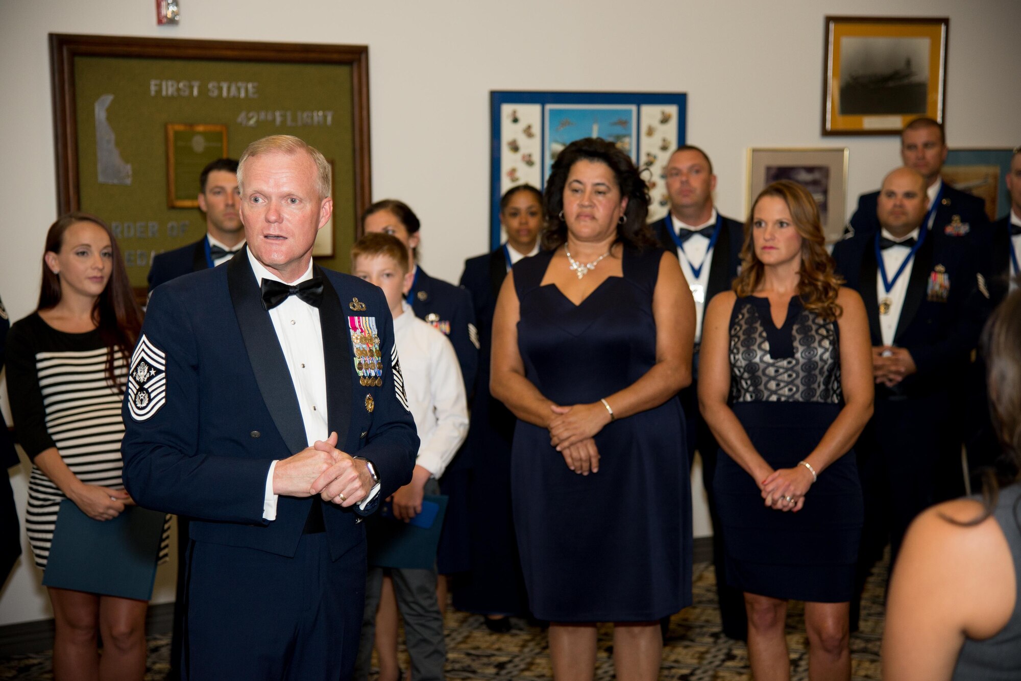 Chief Master Sgt. of the Air Force James A. Cody delivers a speech to guests at the 2016 Dover Air Force Base Senior NCO Induction Ceremony on Aug. 26, 2016, at Dover Air Force Base, Del. Fifty Team Dover master sergeant-selects and their families attended the ceremony. (U.S. Air Force photo by Mauricio Campino)
