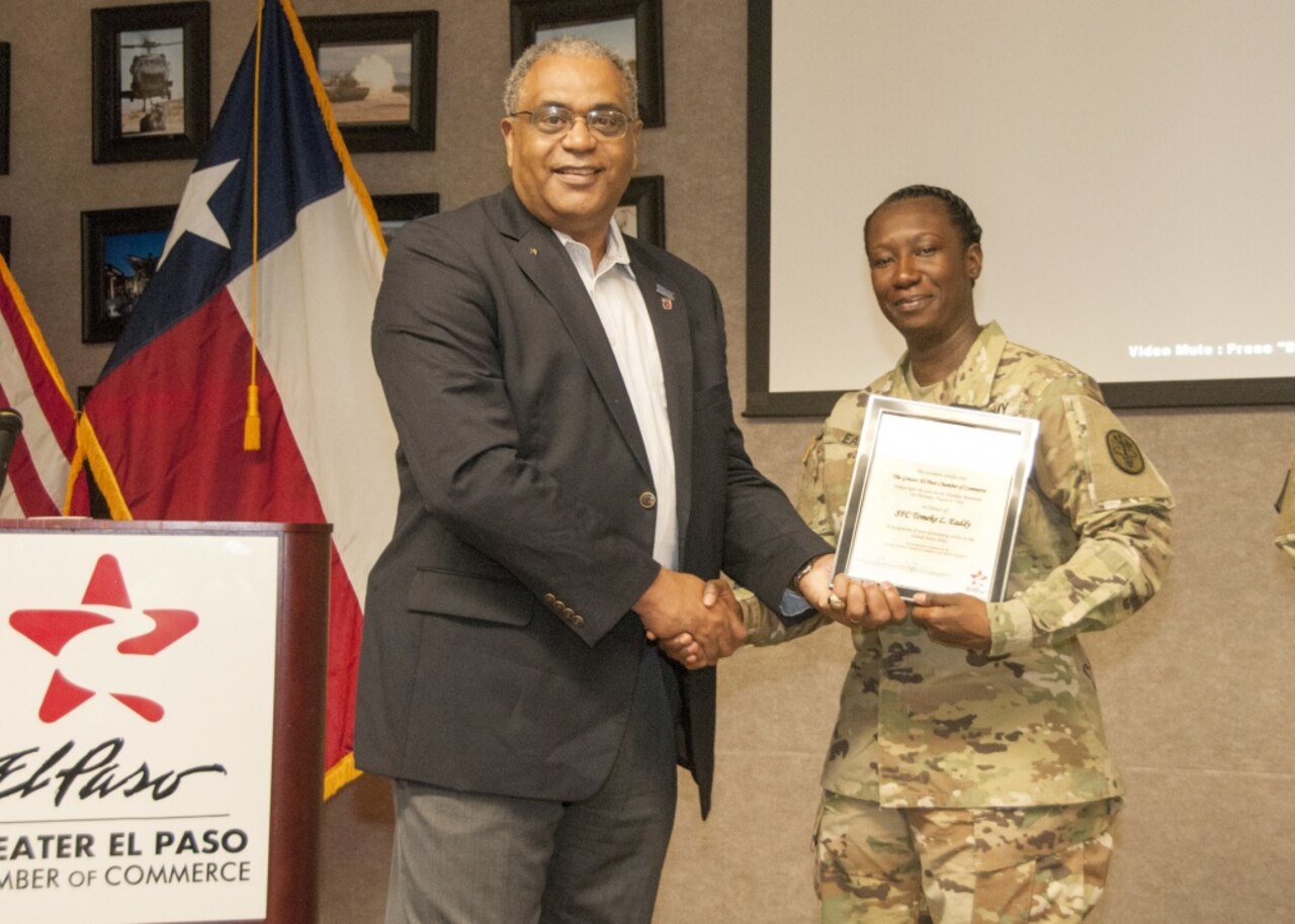 Army Sgt. 1st Class Tomeko Eaddy, noncommissioned officer in charge of the physical medicine and rehabilitation department at William Beaumont Army Medical Center on Fort Bliss, Texas, is recognized as the Soldier of the Month for August by the Greater El Paso Chamber of Commerce, Aug. 4, 2016. Eaddy has contributed countless hours of volunteer work in the community's schools and homeless shelters, including fundraising that purchased more than $2,000 worth of items for El Paso's homeless. Army photo by Marcy Sanchez