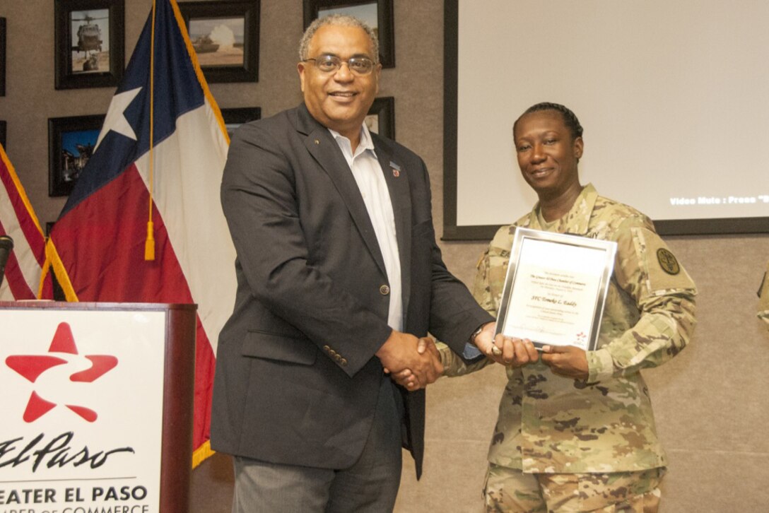 Army Sgt. 1st Class Tomeko Eaddy, noncommissioned officer in charge of the physical medicine and rehabilitation department at William Beaumont Army Medical Center on Fort Bliss, Texas, is recognized as the Soldier of the Month for August by the Greater El Paso Chamber of Commerce, Aug. 4, 2016. Army photo by Marcy Sanchez