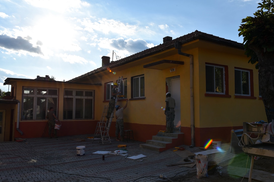 U.S. Soldiers with the 375th Engineer Company and 457th Civil Affairs Battalion, assist with the kindergarten renovation during a Humanitarian Civil Assistance project, Kalifarevo, Bulgaria, Aug. 25, 2016. As a part of the European Command’s (EUCOM) Humanitarian a Civic Assistance Program, the U.S. Army reserve 457th Civil Affairs Battalion, the 375th Engineer Company, U.S. Air Force National Guard 164th Civil Engineer Squadron and the Bulgarian Army collaborate to renovate a kindergarten. The Humanitarian and Civic Assistance Program is a series of medical and engineering engagements in several European countries in support of strategic, theater, operational and tactical objectives. (U.S. Army photo by Spc. Nathanael Mercado)