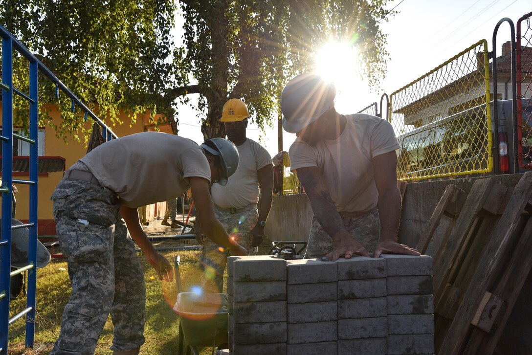 U.S. Soldiers with the 375th Engineer Company and 457th Civil Affairs Battalion, assist with the kindergarten renovation during a Humanitarian Civil Assistance project, Kalifarevo, Bulgaria, Aug. 25, 2016. As a part of the European Command’s (EUCOM) Humanitarian a Civic Assistance Program, the U.S. Army reserve 457th Civil Affairs Battalion, the 375th Engineer Company, U.S. Air Force National Guard 164th Civil Engineer Squadron and the Bulgarian Army collaborate to renovate a kindergarten. (U.S. Army photo by Spc. Nathanael Mercado)
