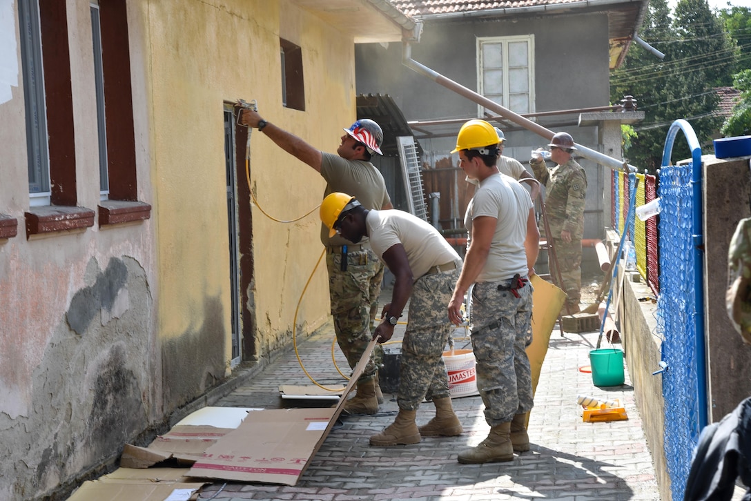 U.S. Soldiers with the 375th Engineer Company, Huntsville, Alabama, assist with the kindergarten renovation during a Humanitarian Civil Assistance project, Kalifarevo, Bulgaria, Aug. 25, 2016. As a part of the European Command’s (EUCOM) Humanitarian a Civic Assistance Program, the U.S. Army reserve 457th Civil Affairs Battalion, the 375th Engineer Company, U.S. Air Force National Guard 164th Civil Engineer Squadron and the Bulgarian Army collaborate to renovate a kindergarten. (U.S. Army photo by Spc. Nathanael Mercado)