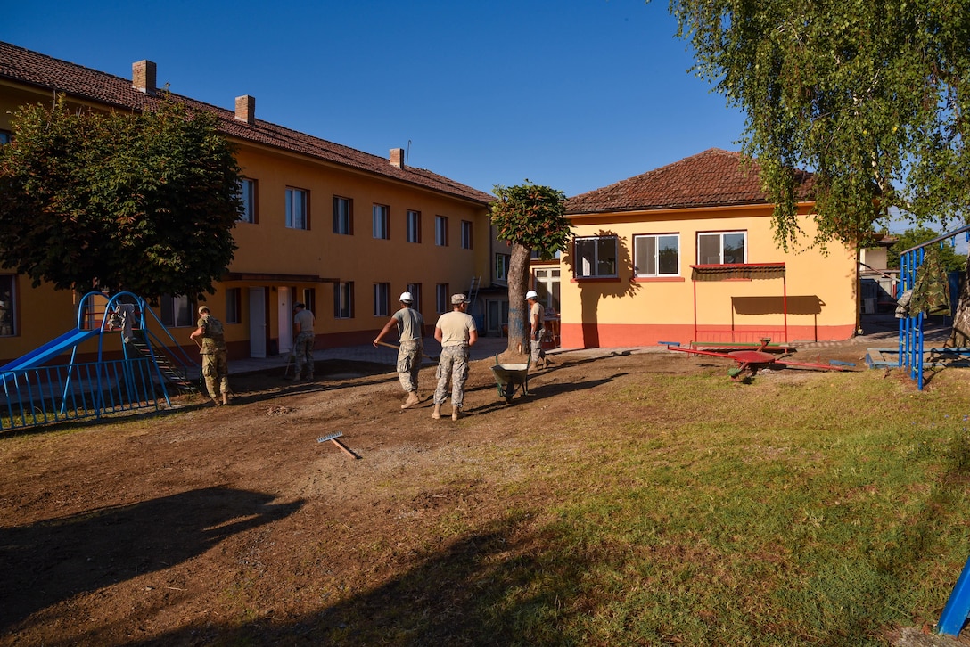 U.S. Soldiers with the 375th Engineer Company assist with the kindergarten renovation during a Humanitarian Civil Assistance project, Kalifarevo, Bulgaria, Aug. 26, 2016. As a part of the European Command’s (EUCOM) Humanitarian a Civic Assistance Program, the U.S. Army reserve 457th Civil Affairs Battalion, the 375th Engineer Company, U.S. Air Force National Guard 164th Civil Engineer Squadron and the Bulgarian Army collaborate to renovate a kindergarten. The Humanitarian and Civic Assistance Program is a series of medical and engineering engagements in several European countries in support of strategic, theater, operational and tactical objectives. (U.S. Army photo by Spc. Nathanael Mercado)