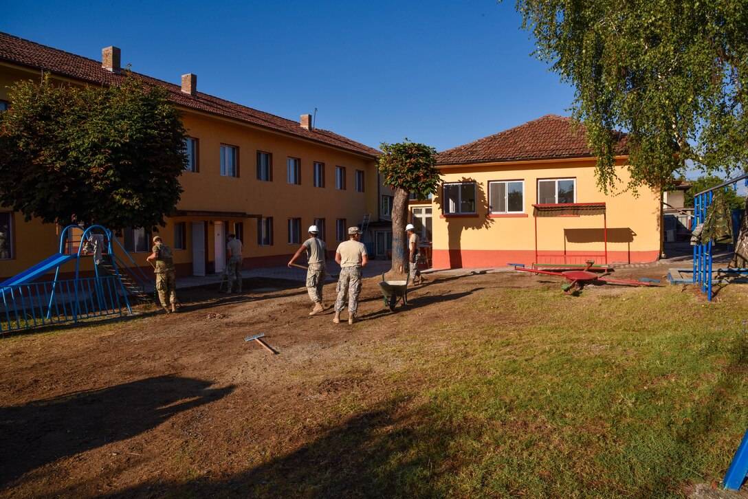 U.S. Soldiers with the 375th Engineer Company assist with the kindergarten renovation during a Humanitarian Civil Assistance project, Kalifarevo, Bulgaria, Aug. 26, 2016. As a part of the European Command’s (EUCOM) Humanitarian a Civic Assistance Program, the U.S. Army reserve 457th Civil Affairs Battalion, the 375th Engineer Company, U.S. Air Force National Guard 164th Civil Engineer Squadron and the Bulgarian Army collaborate to renovate a kindergarten. The Humanitarian and Civic Assistance Program is a series of medical and engineering engagements in several European countries in support of strategic, theater, operational and tactical objectives. (U.S. Army photo by Spc. Nathanael Mercado)