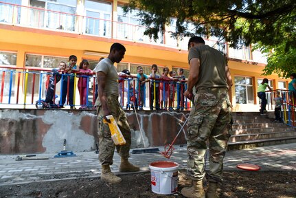 U.S. Army Staff Sgt. Gerald Francis (left) and Staff Sgt. Dorian Pekarcik (right) both with the 457th Civil Affairs Battalion, assist with the kindergarten renovation during a Humanitarian Civil Assistance project, Kalifarevo, Bulgaria, Aug. 25, 2016. As a part of the European Command’s (EUCOM) Humanitarian a Civic Assistance Program, the U.S. Army reserve 457th Civil Affairs Battalion, the 375th Engineer Company, U.S. Air Force National Guard 164th Civil Engineer Squadron and the Bulgarian Army collaborate to renovate a kindergarten. (U.S. Army photo by Spc. Nathanael Mercado)