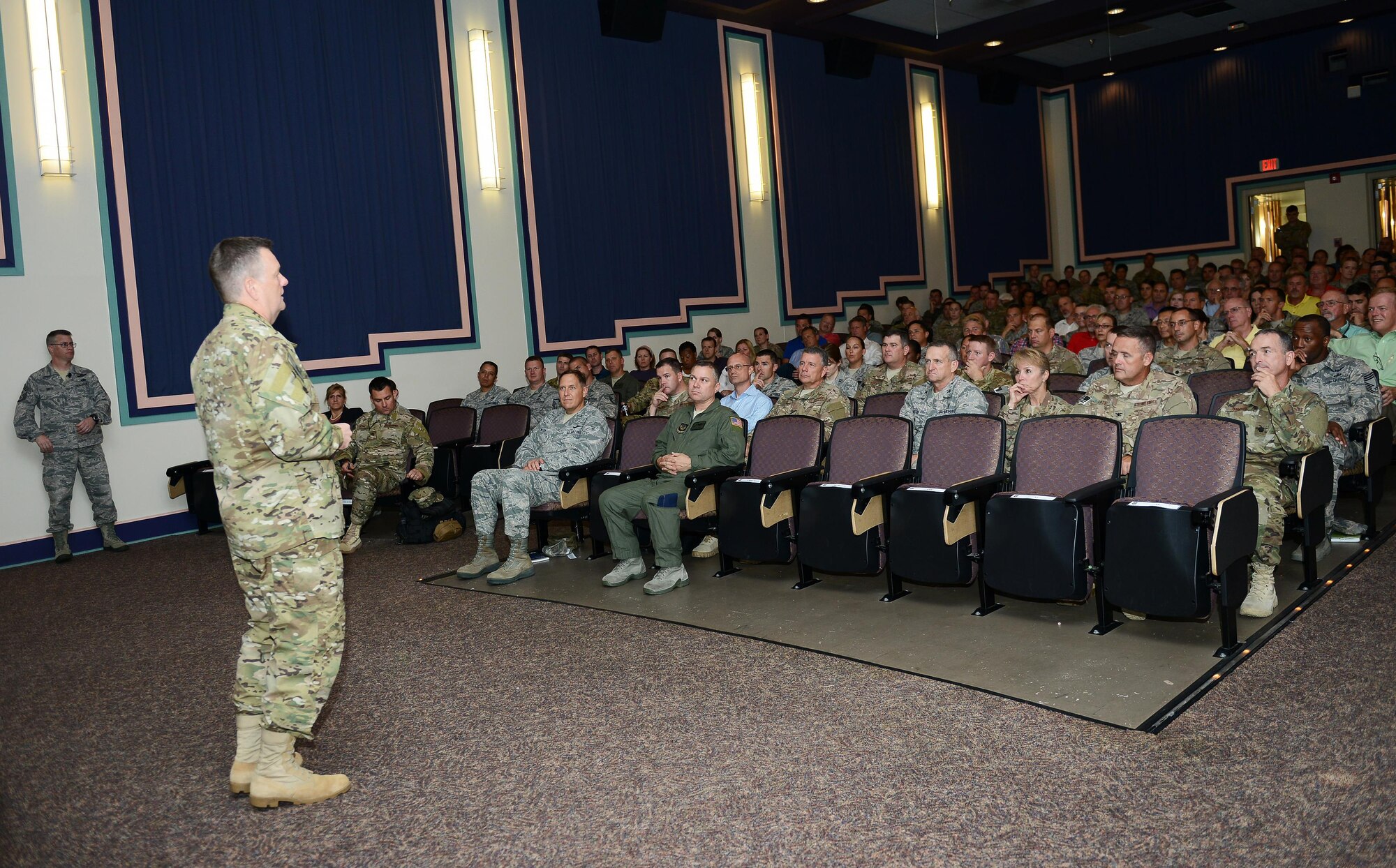 Lt. Gen. Brad Webb, commander of Air Force Special Operations Command, speaks to his staff at the King Auditorium on Hurlburt Field, Fla., Aug. 30, 2016. Webb shared his vision moving forward and priorities for the command. (U.S. Air Force photo/Staff Sgt. Melanie Holochwost)
