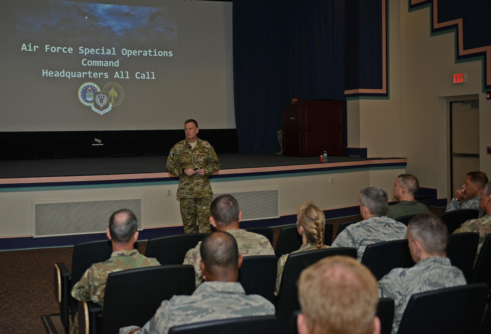 Lt. Gen. Brad Webb, commander of Air Force Special Operations Command, speaks at an all call on Hurlburt Field, Fla., Aug. 30, 2016. Webb said he wants AFSOC to focus on readiness today, relevance tomorrow and resilience always. (U.S. Air Force photo/Staff Sgt. Melanie Holochwost)