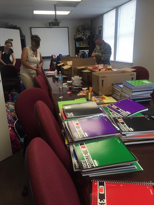 Donated school supplies and backpacks are assembled for distribution to children of active-duty members, retirees and reservists in five area school districts surrounding Joint Base San Antonio locations. More than 750 schoolchildren received backpacks and school supplies collected during the sixth annual Build-a-Backpack Program drive sponsored by the Joint Base San Antonio School Liaison Office from July 25-Aug. 10.