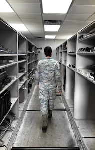 Senior Airman Josh Lemley, 507th Aircraft Maintenance Squadron locates equipment to assist with KC-135 maintenance on Aug. 10, 2016 at Tinker Air Force Base, Oklahoma. (U.S. Air Force Photo/Staff Sgt. Brian Abion)