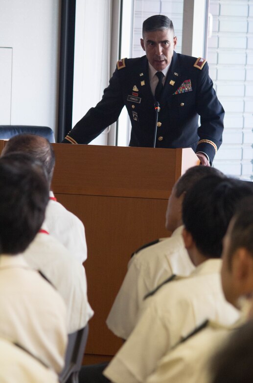 Col. Luis Pomales, director, Army Reserve Engagement Team-Japan, outlines the capabilities of the U.S. Army Reserve during a briefing with approximately 60 Japan Ground Self-Defense Force Reserve Component service members at Camp Ichigaya, Japan, Aug. 29, 2016. Pomales also presented ARET-J’s recent efforts in demonstrating the Army Reserve’s commitment in the Pacific through the enhancement U.S. Army Japan’s Drilling Individual Mobilization Augmentee program and the integration of Reserve military police specialists from the 200th Military Police Command with their active duty counterparts at USARJ. (U.S. Army photo by Sgt. John Carkeet, U.S. Army Japan)