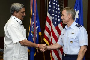 U.S. Air Force Gen. Hawk Carlisle, Air Combat Command commander, shakes hands with Indian Defense Minister Manohar Parrikar Minister, at Langley Air Force Base, Va., Aug. 30, 2016. Parrikar recently met with Defense Secretary Ash Carter for a joint news conference at the Department of Defense.. (U.S. Air Force photo by Airman 1st Class Kaylee Dubois)
