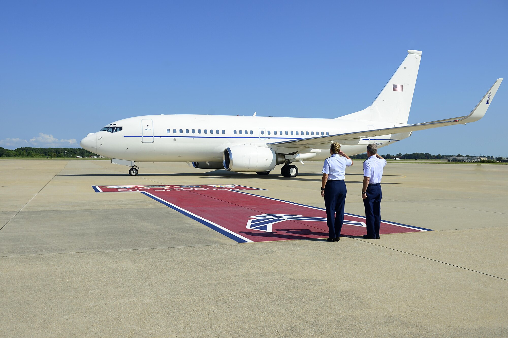 U.S. Air Force Gen. Hawk Carlisle, Air Combat Command commander, and Col. Caroline Miller, 633rd Air Base Wing commander, greets Indian Defense Minister Manohar Parrikar, as he arrives at Langley Air Force Base, Va., Aug. 30, 2016. The purpose of the visit was to strengthen the relationship between the U.S. and India in conjunction with his visit with Defense Secretary Ash Carter. (U.S. Air Force photo by Airman 1st Class Kaylee Dubois)