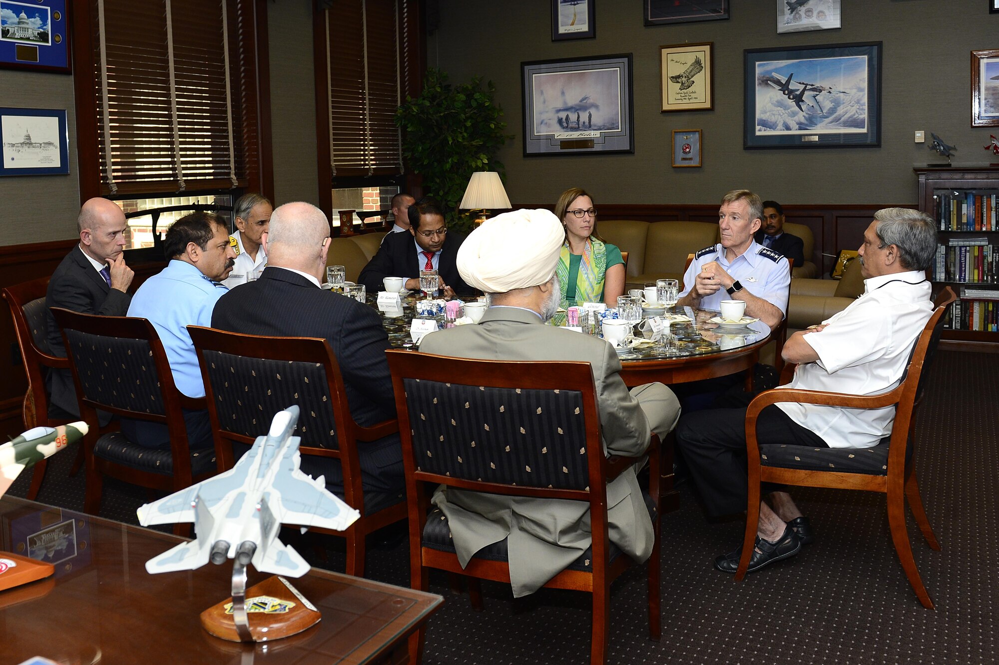 U.S. Air Force Gen. Hawk Carlisle, Air Combat Command commander, hosts an office call with Indian Defense Minister Manohar Parrikar (far right) at Langley Air Force Base, Va., Aug. 30, 2016. Parrikar’s visit supported the mission to strengthen strategic cooperation, defense technology and innovation between the U.S. and India. (U.S. Air Force photo by Airman 1st Class Kaylee Dubois)