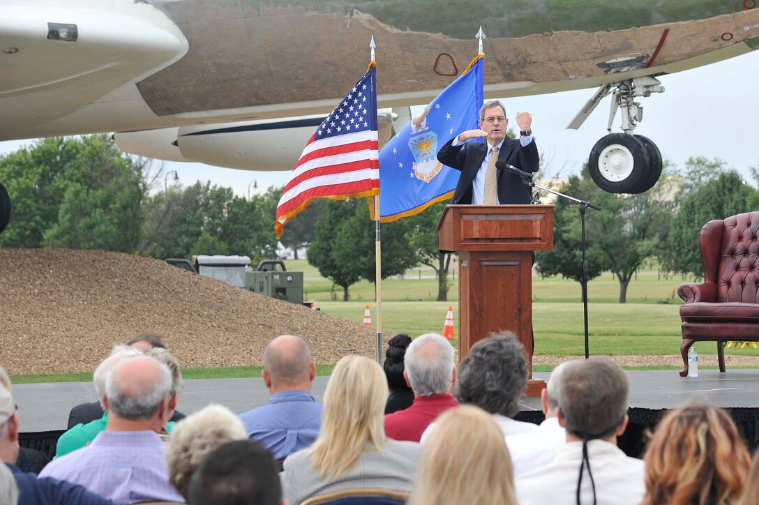 Gen. Stephen R. Lorenz, retired Air Education Training Command commander and KC-135 pilot, speaks during the KC-135 60th Anniversary Ceremony, Aug. 31, 2016, at McConnell Air Force Base, Kan. Lorenz spoke about the history of aerial refueling and the pivotal role the KC-135 has had in projecting airpower during the last 60 years. (U.S. Air Force photo/Airman Erin McClellan) 