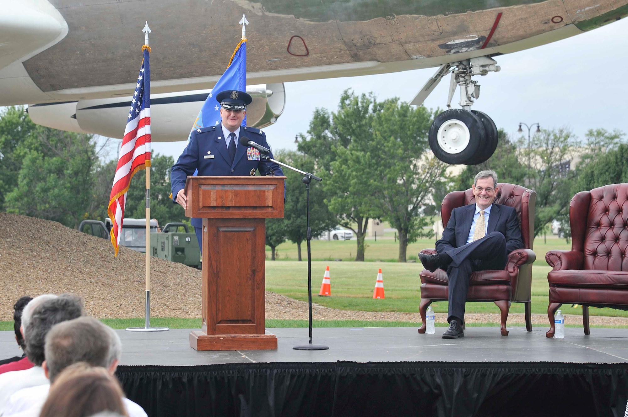 Col. Albert Miller, 22nd Air Refueling Wing commander, speaks during the KC-135 60th Anniversary Ceremony, Aug. 31, 2016, at McConnell Air Force Base, Kan. Miller talked about the dedicated Airmen who work on the KC-135 and have kept it in the air for 60 years. (U.S. Air Force photo/Airman Erin McClellan)