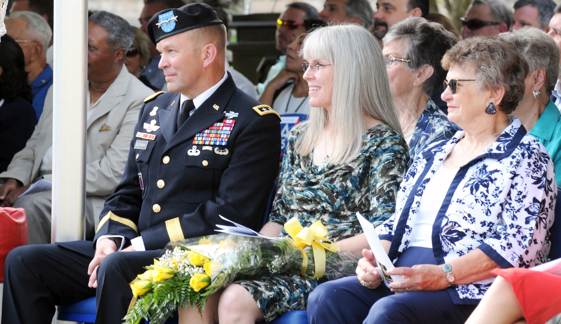 Lt. Gen. Jeffrey S. Buchanan sits with his family during the U.S. Army North change of command ceremony at the Fort Sam Houston Quadrangle Friday. Buchanan assumed command of ARNORTH in front of hundreds of military members, family, friends and distinguished members of the community.