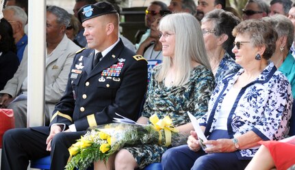 Lt. Gen. Jeffrey S. Buchanan sits with his family during the U.S. Army North change of command ceremony at the Fort Sam Houston Quadrangle Friday. Buchanan assumed command of ARNORTH in front of hundreds of military members, family, friends and distinguished members of the community.