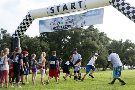 Children take off from the starting line during the Kids in Motion event Aug. 27, 2016 at Joint Base San Antonio-Randolph’s Heritage Park. The 359th Medical Group and Human Performance Resource Center hosted the free event in recognition of September’s National Childhood Obesity Awareness Month. 
