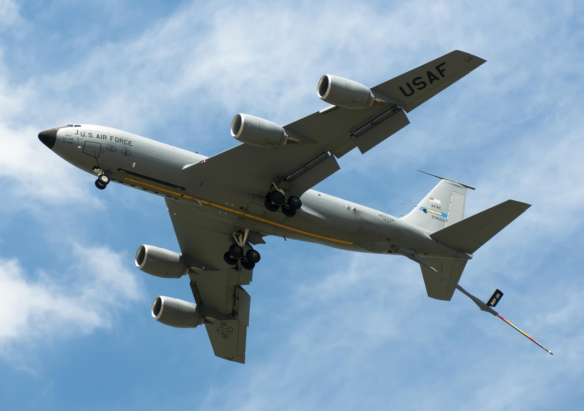 A KC-135R Stratotanker operated and maintained by the 507th Air Refueling Wing flies by an air show crowd in 2014 at Tinker Air Force Base, Oklahoma.  In 1994, the 507th ARW began operating and maintaining the KC-135 on operational mission's here. (U.S. Air Force Photo/Senior Airman Mark Hybers)
