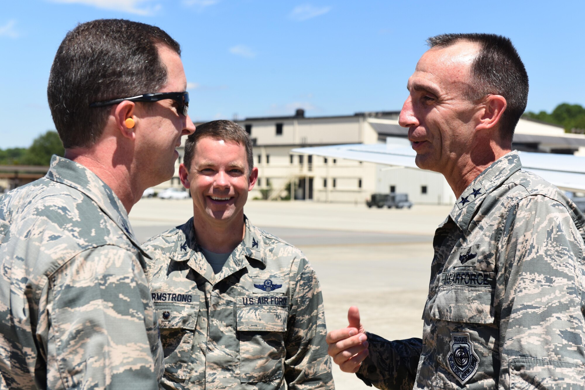Maj. Gen. Scott Zobrist, Ninth Air Force commander, is greeted by Col. Christopher Sage (left), 4th Fighter Wing commander, and Col. Brian Armstrong (center), 4th FW vice commander, Aug. 22, 2016, at Seymour Johnson Air Force Base, North Carolina. Zobrist toured Seymour Johnson AFB with base and squadron commanders to hear their mission, goals and obstacles. (U.S. Air Force photo by Airman 1st Class Ashley Williamson)