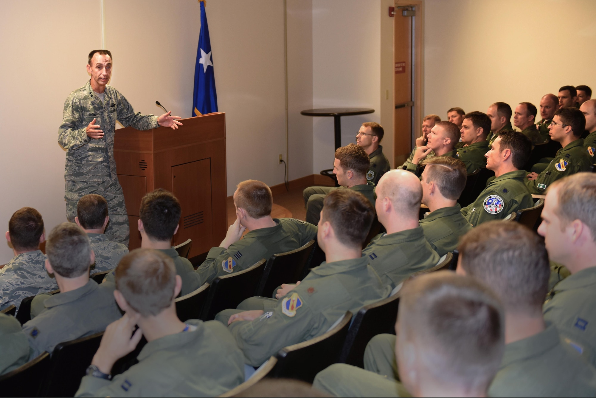 Maj. Gen. Scott Zobrist, Ninth Air Force commander, holds a question and answer session with aircrew of Team Seymour during an immersion tour, Aug. 23, 2016, at Seymour Johnson Air Force Base, North Carolina. Zobrist visited numerous squadrons to gain insight on what can be done to enhance mission effectiveness. (U.S. Air Force photo by Airman 1st Class Ashley Williamson)