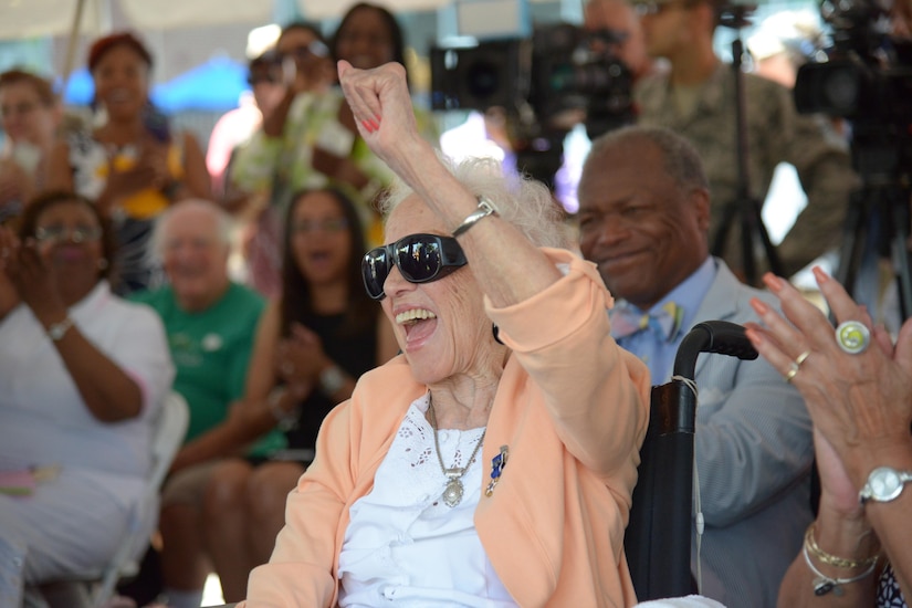 Retired NASA research mathematician Katherine G. Johnson is being recognized for her contributions in America’s first space flight mission at Carousel Park in downtown Hampton August 26, 2016. During the ceremony guests wished her a Happy 98th birthday during the unveiling of a historical park bench mark in her. ( U.S. Air Force photo by Tetaun Moffett)