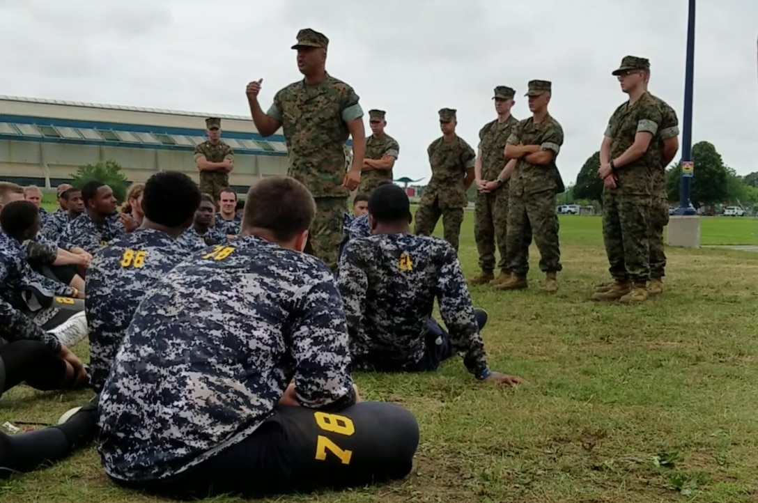 The Manhattan Officer Selection Team held a Leadership Camp for the Pace University Football team at Eisenhower Park in Garden City, New York, Aug. 10, 2016. The event was held to improve the team's cohesion and leadership skills, as well as create interest in the opportunities available by becoming a Marine Officer. 