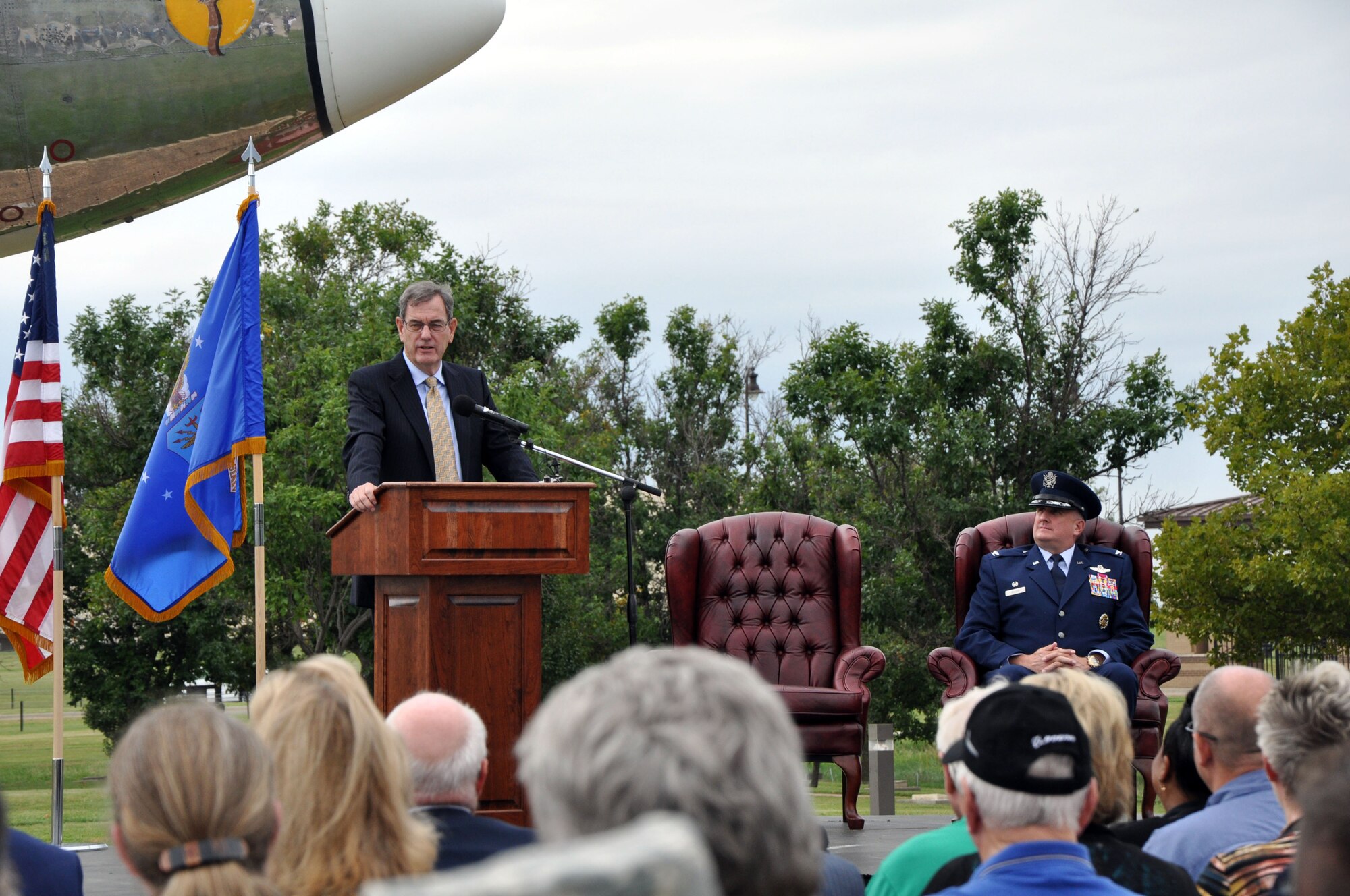 Gen. Stephen R. Lorenz, retired Air Education Training Command commander and KC-135 pilot, speaks during the KC-135 60th Anniversary Ceremony, Aug. 31, 2016, at McConnell Air Force Base, Kan. Lorenz spoke about the history of aerial refueling and the pivotal role the KC-135 has had in projecting airpower during the last 60 years. (U.S. Air Force photo by Tech. Sgt. Abigail Klein)