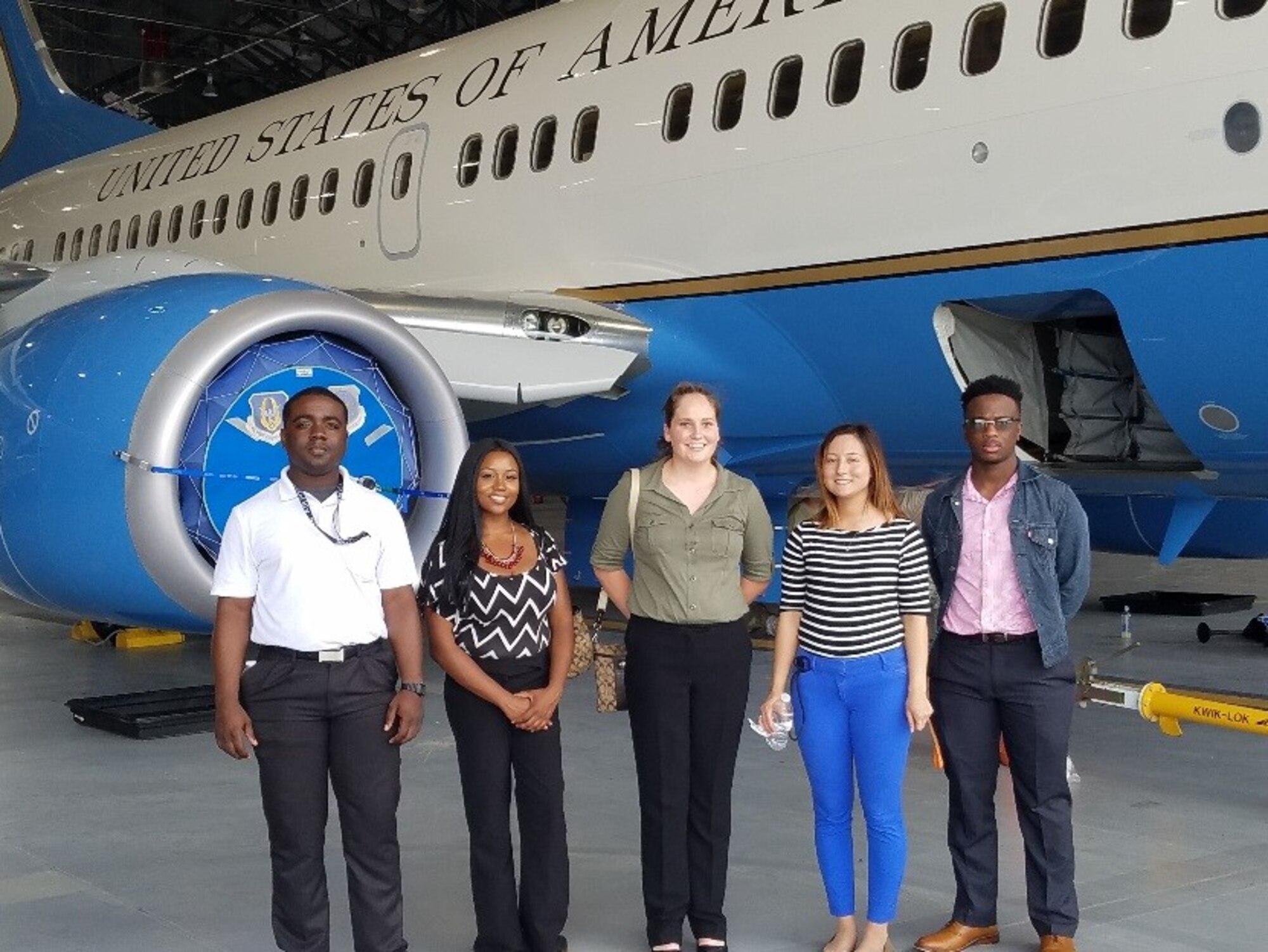 Alex Winston, Synthea Jones, Tera Sparks, Katelyn Median and Kendall Montgomery toured an aircraft at the 932nd Airlift Wing July 13, 2016 at Scott Air Force Base, Ill.