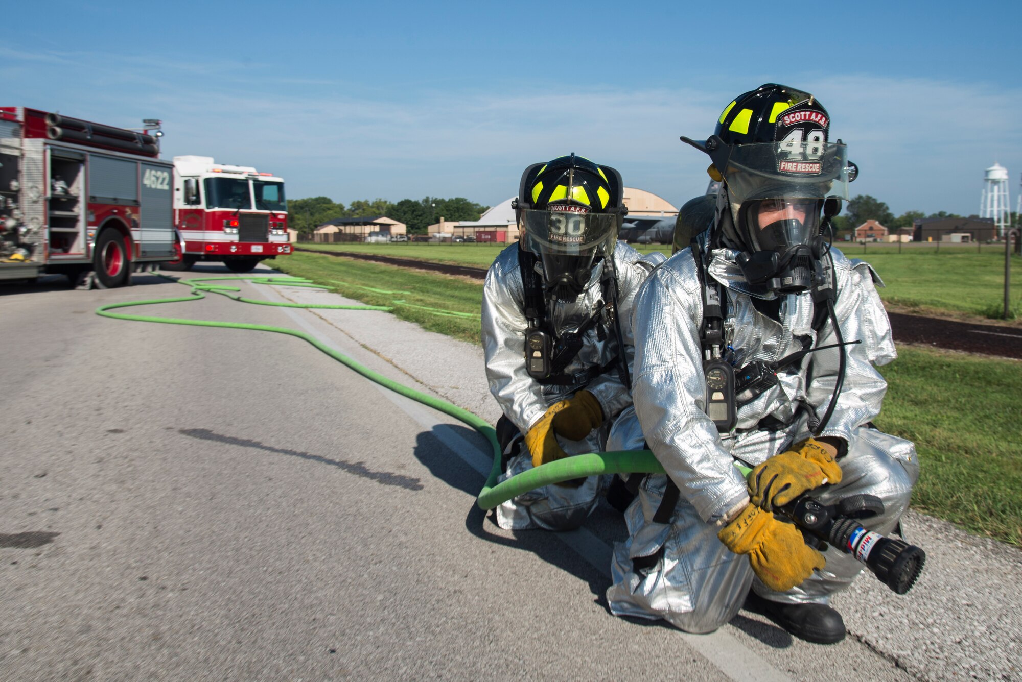 The 375th Air Mobility Wing held a fuel spill exercise Aug. 25 at Scott AFB. The exercise tested the base’s response in the event of a small scale fuel spill. For this exercise, the spill scenario was based on a simulated vehicle collision with a fuel truck. The base’s Wing Inspection Team evaluated unit responses including from the 375th Security Forces Squadron, the 375th Civil Engineer Squadron firefighters, the 375th Logistics Readiness Squadron Petroleum, Oil and Lubricants flight and the 375th Medical Group.