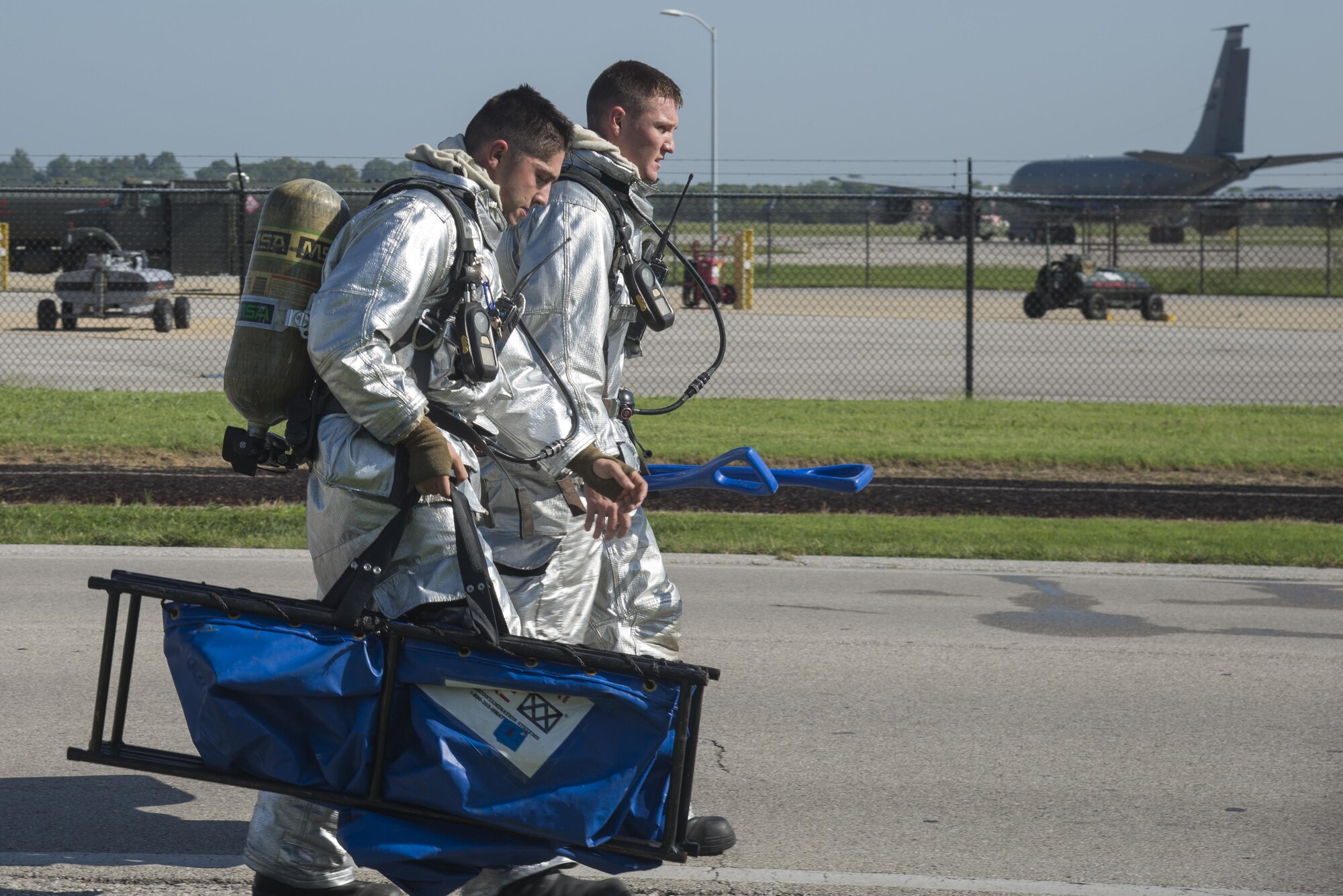 The 375th Air Mobility Wing held a fuel spill exercise Aug. 25 at Scott AFB. The exercise tested the base’s response in the event of a small scale fuel spill. For this exercise, the spill scenario was based on a simulated vehicle collision with a fuel truck. The base’s Wing Inspection Team evaluated unit responses including from the 375th Security Forces Squadron, the 375th Civil Engineer Squadron firefighters, the 375th Logistics Readiness Squadron Petroleum, Oil and Lubricants flight and the 375th Medical Group.