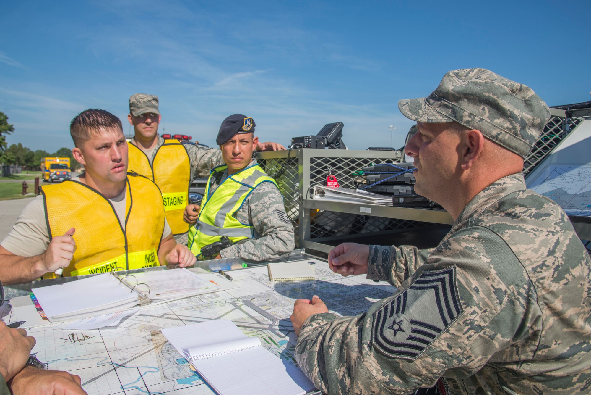 The 375th Air Mobility Wing held a fuel spill exercise Aug. 25 at Scott AFB. The exercise tested the base’s response in the event of a small scale fuel spill. For this exercise, the spill scenario was based on a simulated vehicle collision with a fuel truck. The base’s Wing Inspection Team evaluated unit responses including from the 375th Security Forces Squadron, the 375th Civil Engineer Squadron firefighters, the 375th Logistics Readiness Squadron Petroleum, Oil and Lubricants flight and the 375th Medical Group.