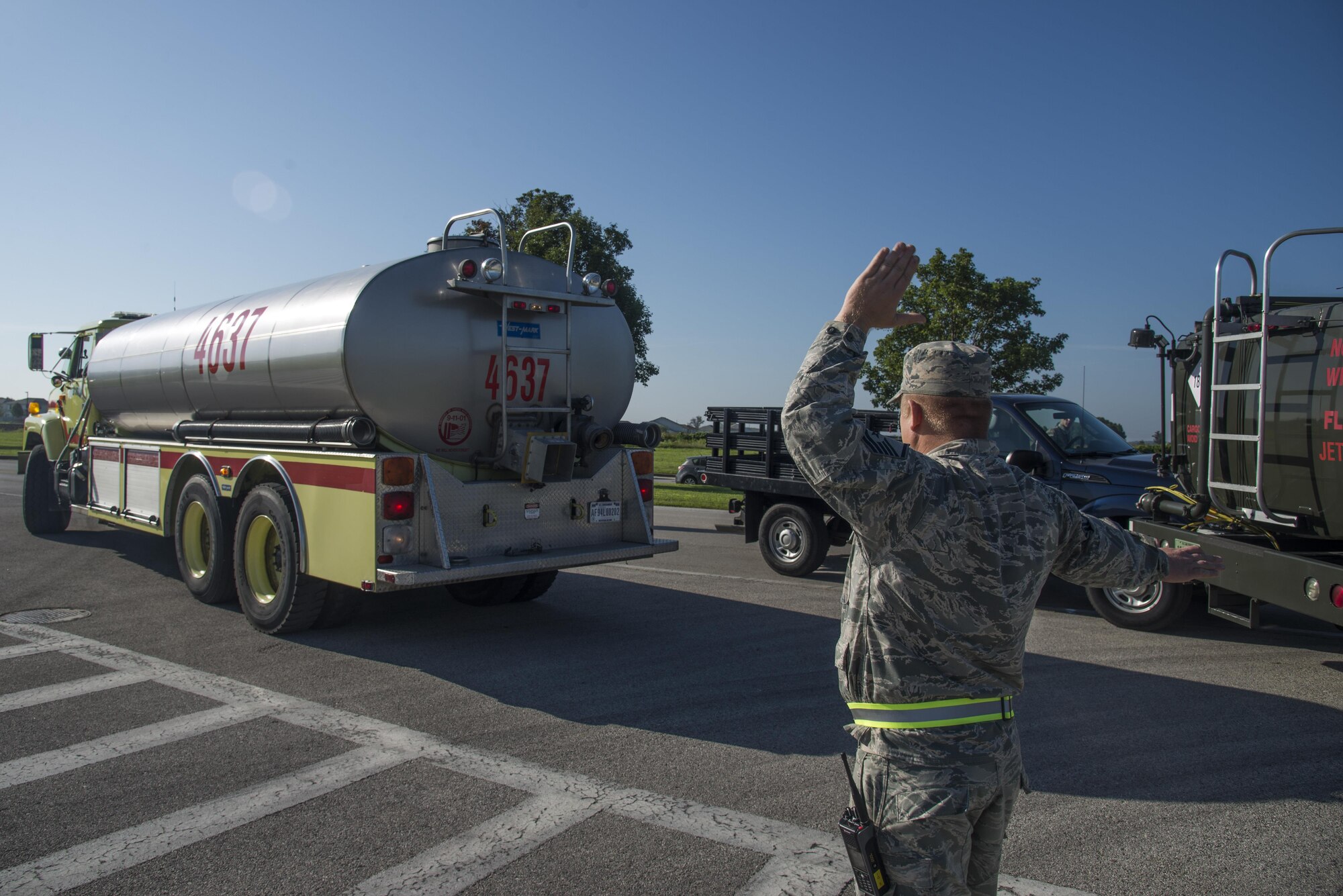 The 375th Air Mobility Wing held a fuel spill exercise Aug. 25 at Scott AFB. The exercise tested the base’s response in the event of a small scale fuel spill. For this exercise, the spill scenario was based on a simulated vehicle collision with a fuel truck. The base’s Wing Inspection Team evaluated unit responses including from the 375th Security Forces Squadron, the 375th Civil Engineer Squadron firefighters, the 375th Logistics Readiness Squadron Petroleum, Oil and Lubricants flight and the 375th Medical Group.