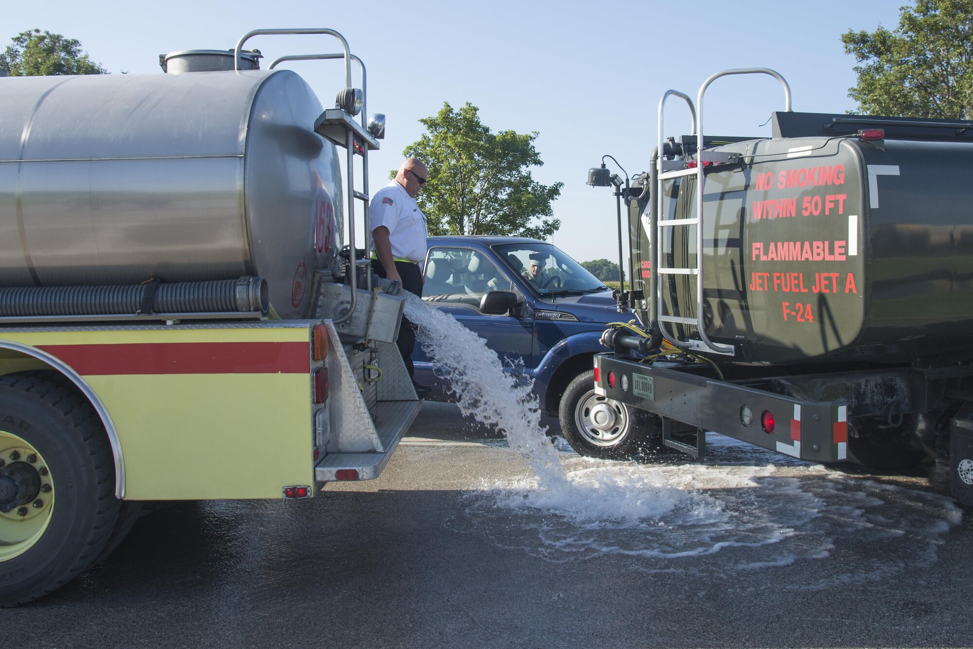 The 375th Air Mobility Wing held a fuel spill exercise Aug. 25 at Scott AFB. The exercise tested the base’s response in the event of a small scale fuel spill. For this exercise, the spill scenario was based on a simulated vehicle collision with a fuel truck. The base’s Wing Inspection Team evaluated unit responses including from the 375th Security Forces Squadron, the 375th Civil Engineer Squadron firefighters, the 375th Logistics Readiness Squadron Petroleum, Oil and Lubricants flight and the 375th Medical Group.