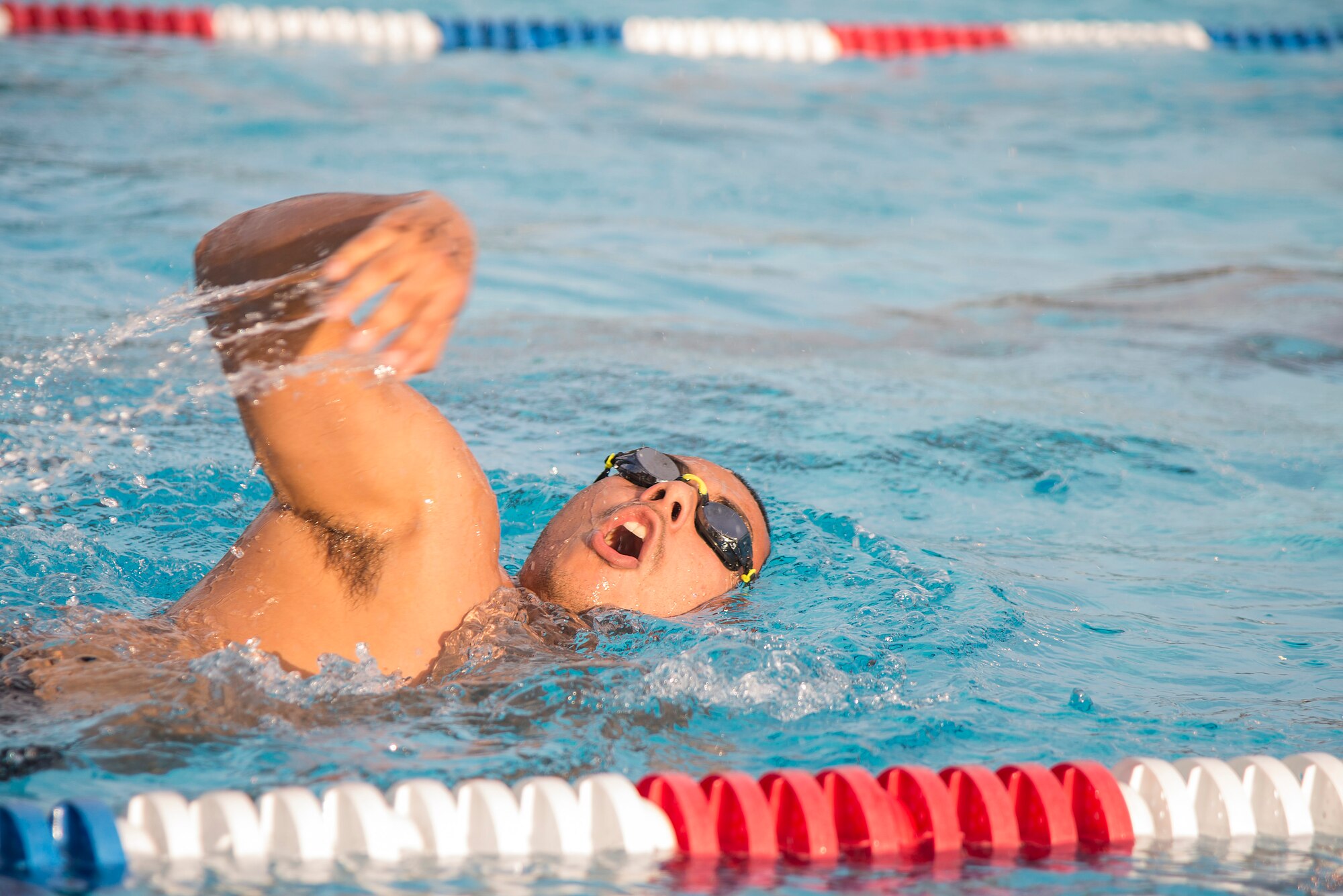 A Team Scott member participates in the swim portion of the Surface Warrior Challenge at Scott Air Force Base, Ill., Aug. 27, 2016. The triathlon was hosted by the Military Surface Deployment and Distribution Command and featured both a full and miniature triathlon which included running, bicycling and swimming. (U.S. Air Force photo by Tech. Sgt. Jonathan Fowler)
