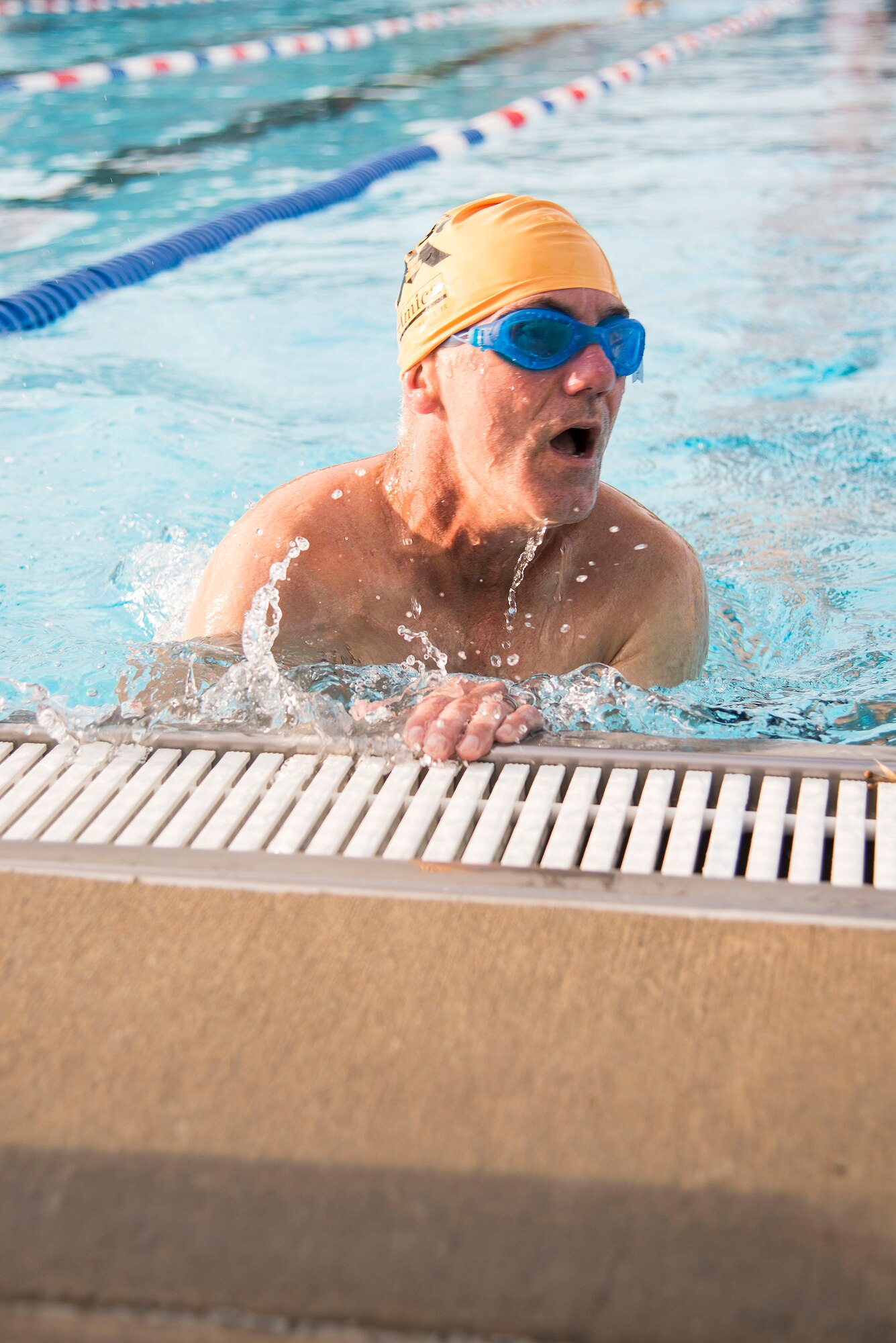 A Team Scott member prepares to turn around during the swim portion of the Surface Warrior Challenge at Scott Air Force Base, Ill., Aug. 27, 2016. The event, also known as the Tour de Scott, featured a triathlon consisting of running, bicycling and swimming that participants could compete in individually or as a member of a team. (U.S. Air Force photo by Tech. Sgt. Jonathan Fowler)