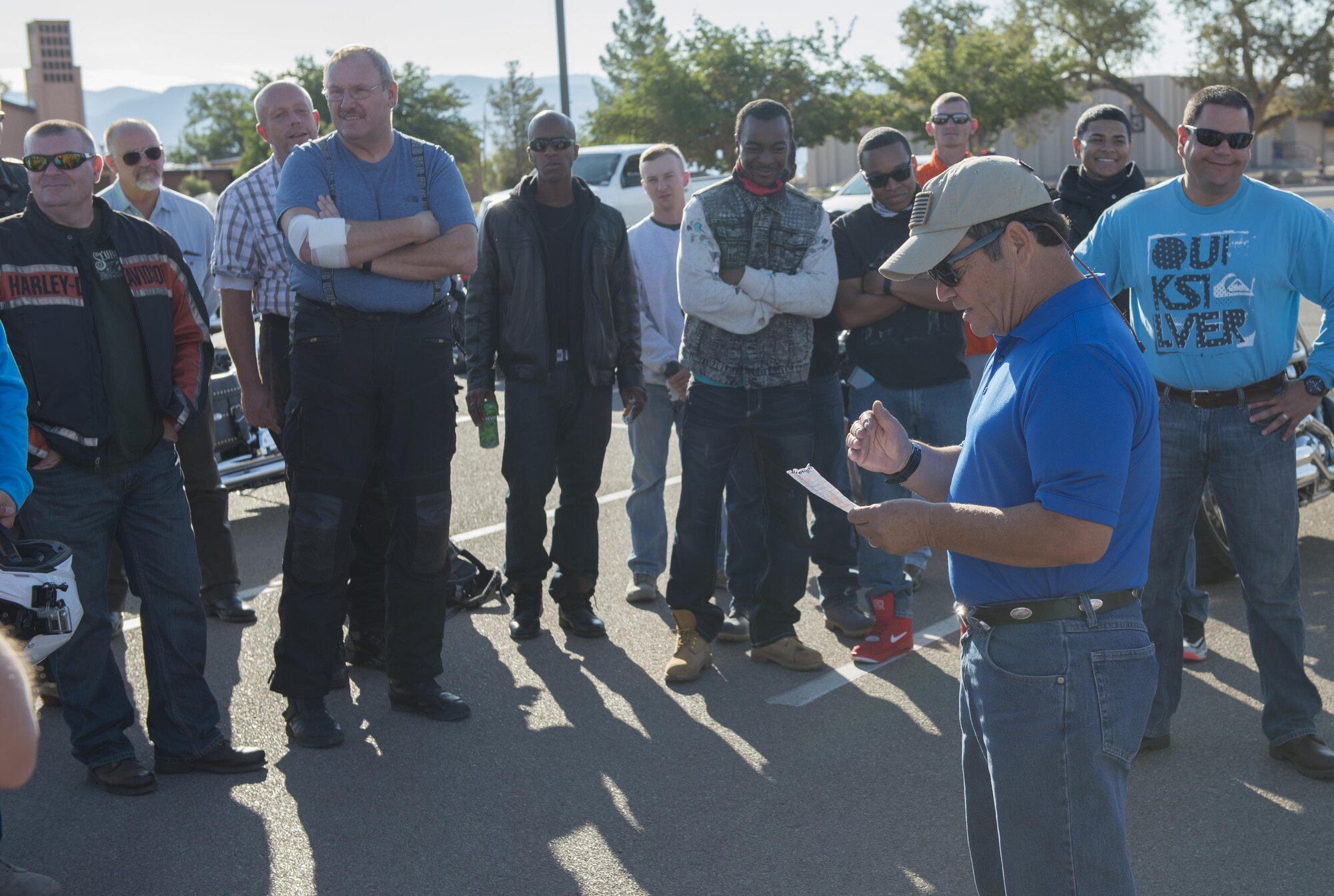 Daniel, a 49th Wing Safety technician, gives a safety briefing before Holloman’s 2016 Motorcycle Ride Aug. 26, 2016 at Holloman Air Force Base, N.M. Daniel has over 40 years of motorcycle-riding experience and constantly reminds Airmen to practice safe habits when riding. (Last names are being withheld due to operational requirements. U.S. Air Force photo by Airman 1st Class Randahl J. Jenson) 