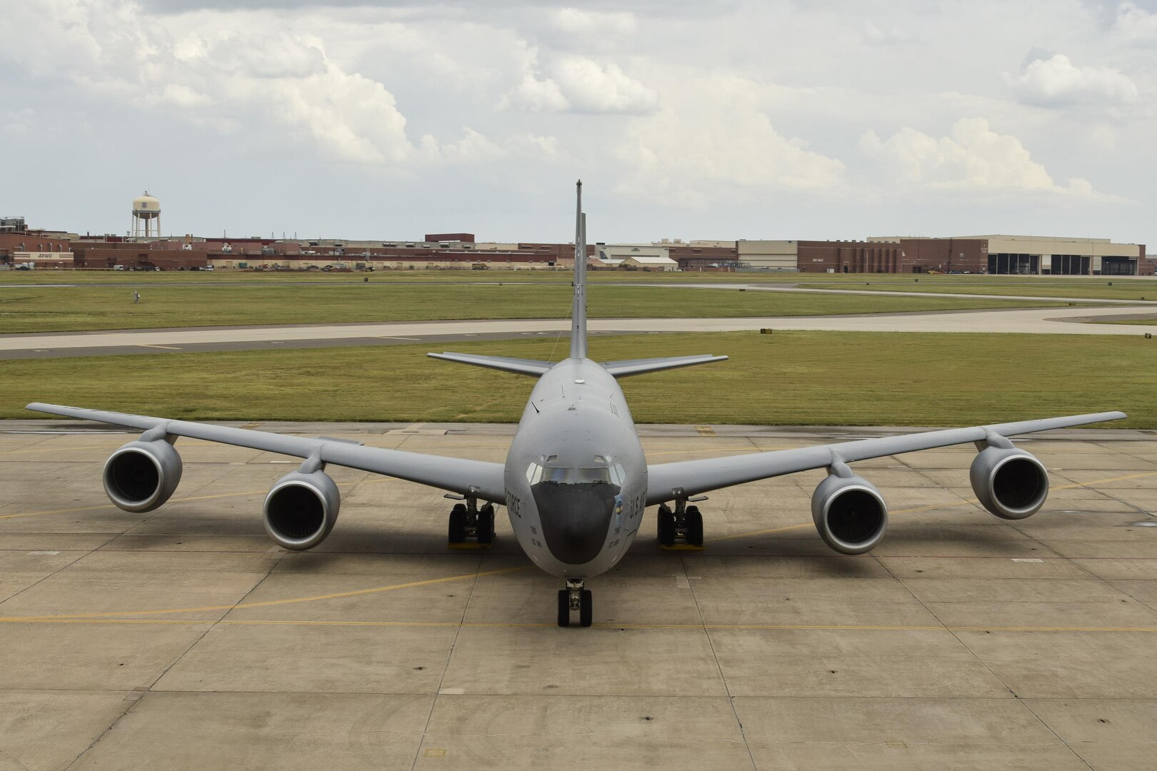 KC-135R Stratotanker of the 507th Air Refueling Wing, Air Force Reserve Command with the Oklahoma City Air Logistics Complex shown in the background Aug. 26, 2016, Tinker Air Force Base, Okla. OC-ALC and its parent organization, the Air Force Sustainment Center, plan and conduct depot-level maintenance on the KC-135, E-3 Airborne Warning and Control System aircraft and the E-6B Mercury operated by the U.S. Navy as well as B-1B, B-52H and B-2A bomber aircraft (not shown). (U.S. Air Force photo/Greg L. Davis)