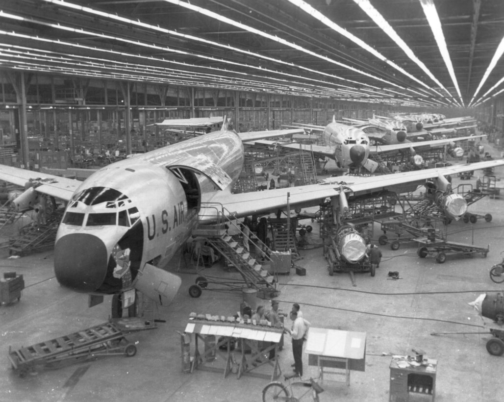 KC-135 on the Oklahoma City Air Logistics Center periodic depot maintenance line in the late 1950s. (Photo courtesy of Tinker History Office)