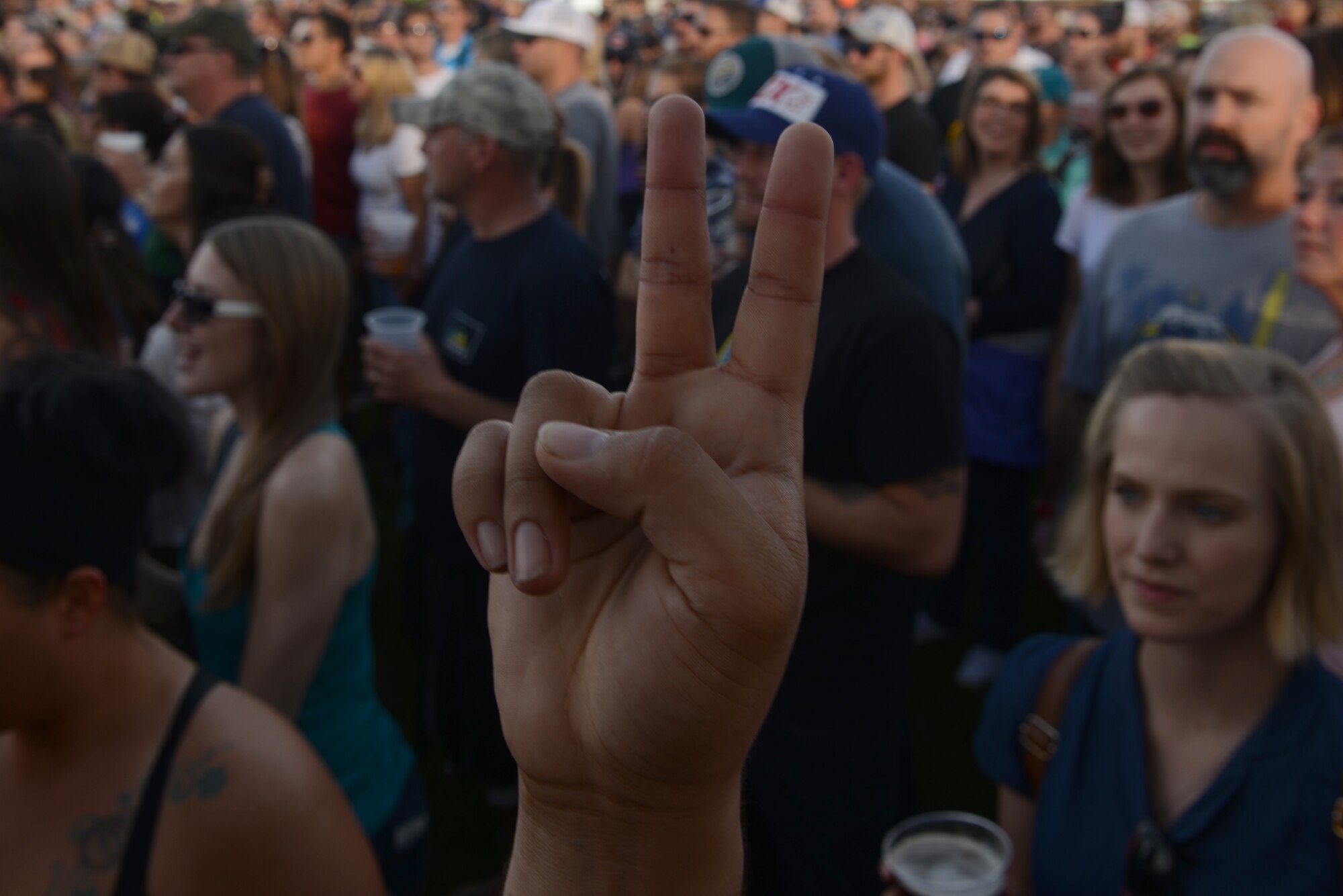 A crowd member shows the ‘peace’ sign at The Band Perry concert at the Alaska State Fair Aug. 27, 2016. More than 4,000 people filled the theater for the two-hour show. (U.S. Air Force photo by Airman 1st Class Christopher R. Morales)