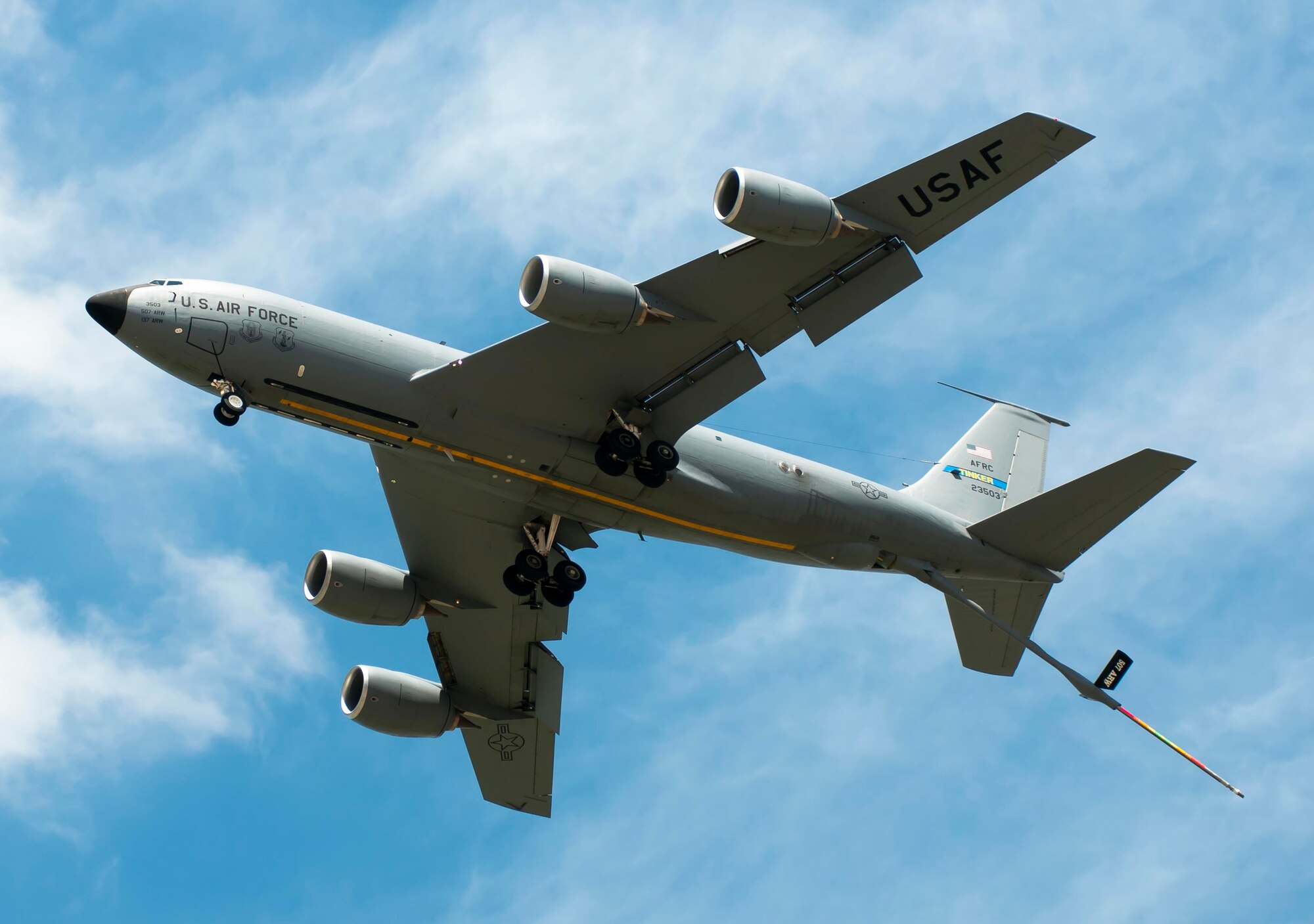 A KC-135R Stratotanker from the 507th Air Refueling Wing performs a fly over during the Star Spangled Salute air show at Tinker Air Force Base June 21, 2014. The KC-135 celebrates 60 years of service this week. (Air Force photo by Senior Airman Mark Hybers)