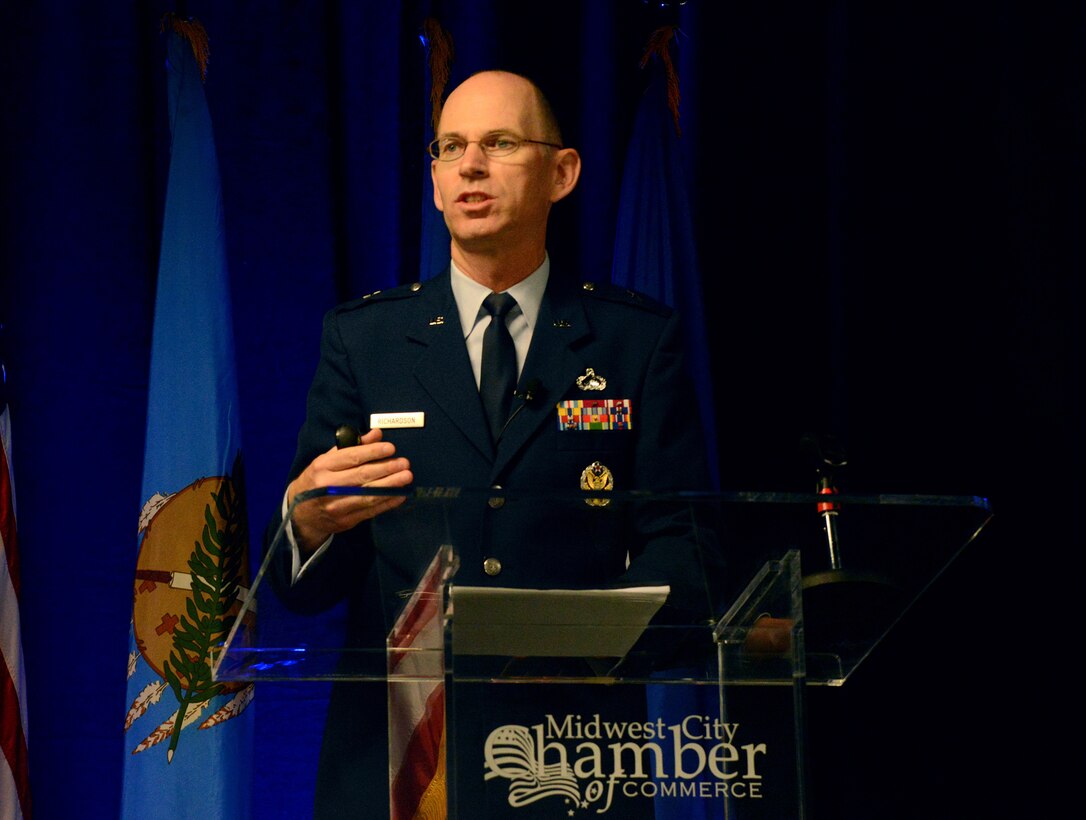 Brig. Gen. Duke Richardson, the Air Force Program Executive Officer for Tankers at the Air Force Life Cycle Management Center, discusses the KC-46A Pegasus during the Tinker and the Primes Requirements Symposium at the Reed Conference Center Aug. 23. (Air Force photo by Kelly White)