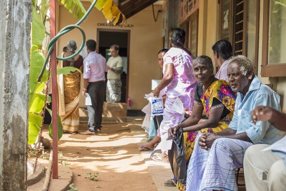 People await medical care during Pacific Angel 16-3 in Jaffna, Sri Lanka, Aug. 17, 2016. Pacific Angel is a total force, joint and combined humanitarian assistance and civil military operation led by U.S. Pacific Air Forces. Assistance during Pacific Angel included general health, dental, optometry and physical therapy. (U.S. Air Force photo/Senior Airman Brittany A. Chase)
