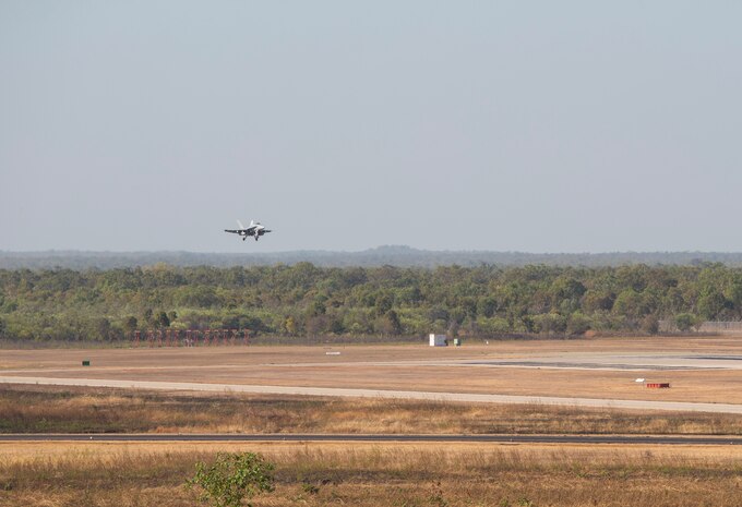 An F/A-18C Hornet with Marine Fighter Attack Squadron (VMFA) 122 approaches for landing during Southern Frontier at Royal Australian Air Force Base Tindal, Australia, Aug. 31, 2016. VMFA-122 executed close air support, air ground, high explosive ordnance delivery and low altitude tactics during the three week unit level training. (U.S. Marine Corps photo by Cpl. Nicole Zurbrugg)