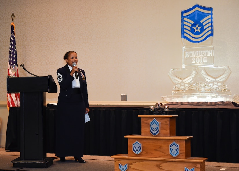 Chief Master Sgt. Debra A. Mosley, 628th Force Support Squadron superintendent was the guest speaker for this year’s Senior Noncommissioned Officer Induction ceremony at Joint Base Charleston, South Carolina, Aug. 18, 2016. The ceremony honors Joint Base Charleston’s future Master Sergeants and formally recognizes them for  joining the top enlisted tier of the Air Force. (U.S. Air Force photo by Staff Sgt. Andrea Salazar/Released)