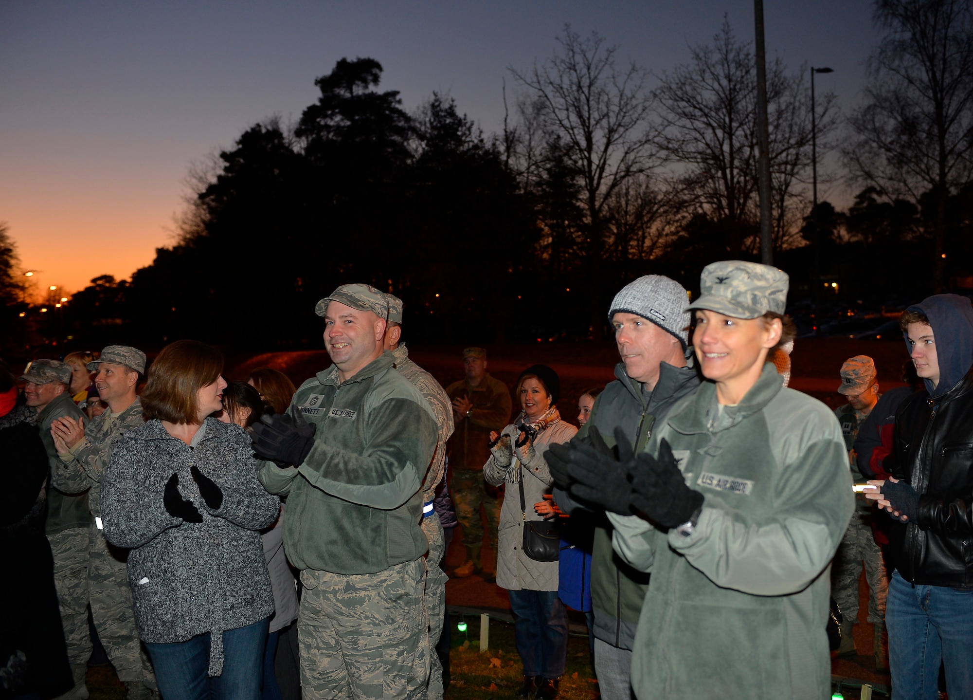 Ramstein Air Base officials and other members of the Kaiserslautern Military Community celebrate as the official Ramstein Christmas tree is lit, here, Nov. 28, 2016. The tree was donated by the town of Ramstein-Miesenbach, Germany, in 2010. (U.S. Air Force photo by Airman 1st Class Joshua Magbanua)