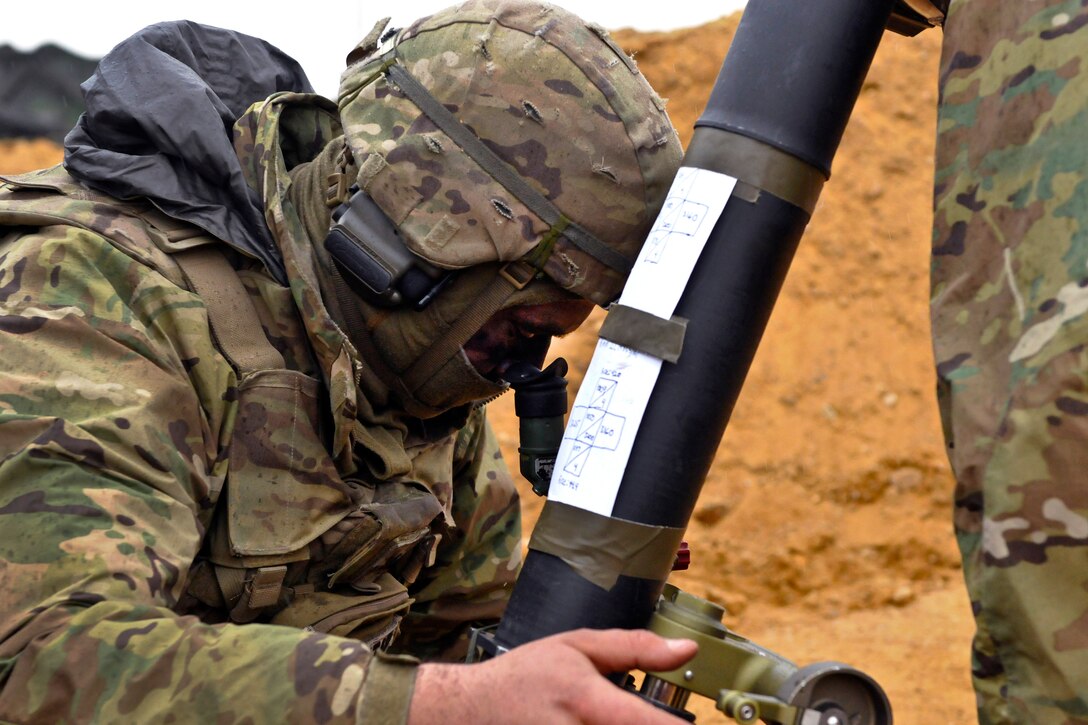 Army Pfc. Matthew Guizer sights an 81 mm M252 mortar system during live-fire training at Wedrzyn, Poland, Nov. 30, 2016. Guizer is an indirect fire infantryman assigned to Headquarters Company, 2nd Battalion, 503rd Infantry Regiment, 173rd Airborne Brigade -- a unit regularly stationed in Germany. This was the final training exercise for the unit in Poland and its continued support of Operation Atlantic Resolve with NATO Allies. Army photo by Sgt. William A. Tanner